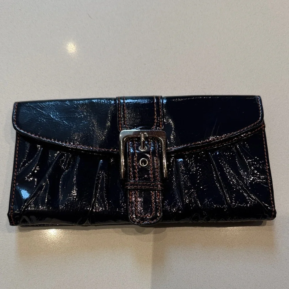 L. Erickson Trifold Envelope Style Patent Leather Black Clutch with Buckle